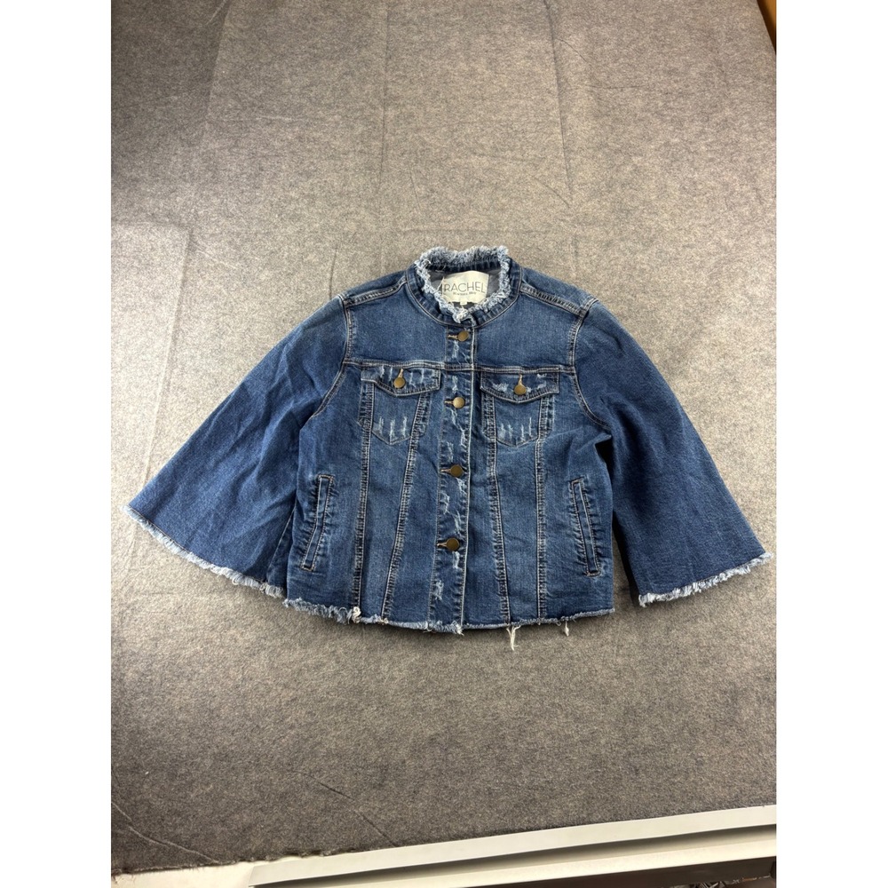 Rachel Rachel Roy Frayed Denim Jacket Bell Sleeve Distressed Blue Medium Wash L